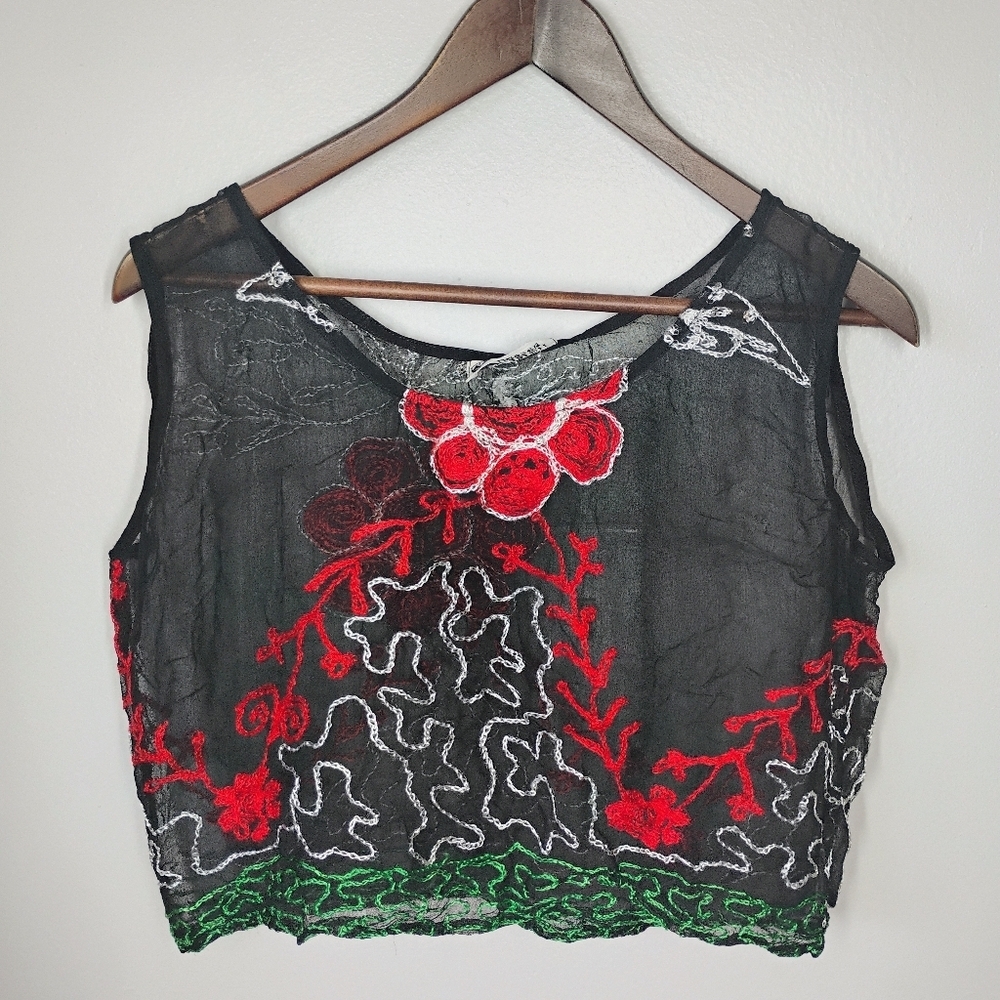 Bebe London Sheer Cropped Top Womens Small‎ Festival Embroidered Boho Folkloric